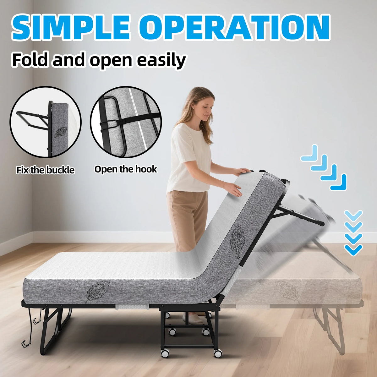 Folding Bed with Mattress 75" x 31" Cot Size Folded Bed, Rollaway Guest Bed Portable Foldable Extra Bed for Adults Daybed with 5" Memory Foam Mattress Space-Saving Sturdy Metal Grid Frame