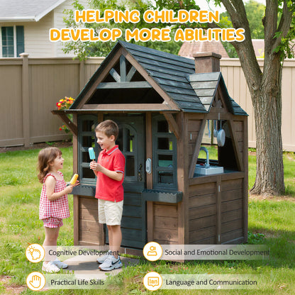 COCLUB Outdoor Playhouse for Kids Ages 4-8, Wooden Play House with Doorbell, Phone, Kitchen Toys, Outdoor Kids Play Equipment, Casa Para Ni?as (45��L x 65��H), White & Black