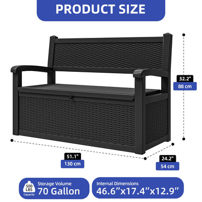 ModFusion 70-Gallon Outdoor Resin Storage Cabinet with Rattan Backrest �C Waterproof Patio Bench Seat, 500 lbs Capacity, Black