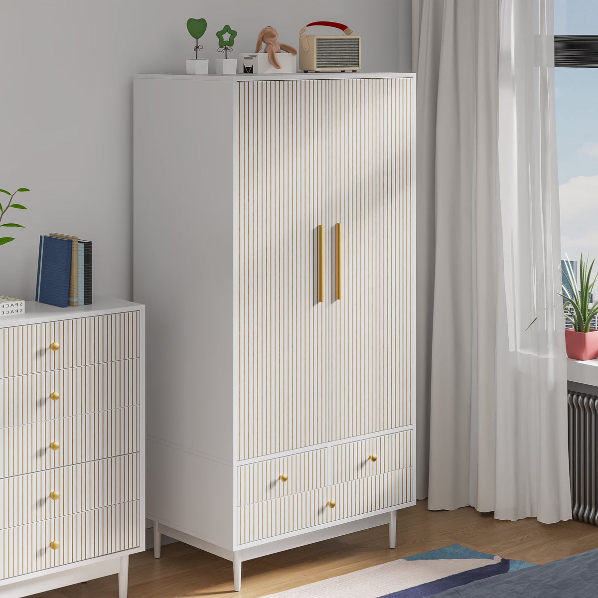 Oubayajia Wardrobe Armoire Closet, 2 Fluted Doors Wardrobe Cabinet with 3-Drawer and Hanging Rod, Wood Wardrobe Storage for Bedroom