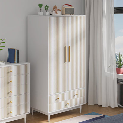 Oubayajia Wardrobe Armoire Closet, 2 Fluted Doors Wardrobe Cabinet with 3-Drawer and Hanging Rod, Wood Wardrobe Storage for Bedroom