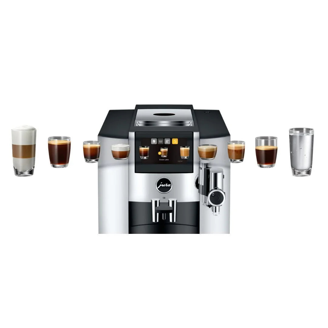 Jura S8 Automatic Coffee Machine with Sweet Foam Function, 4.3-Inch Touchscreen, Automatic Milk Cleaning, and 2nd Generation Professional Aroma Grinder (Chrome)
