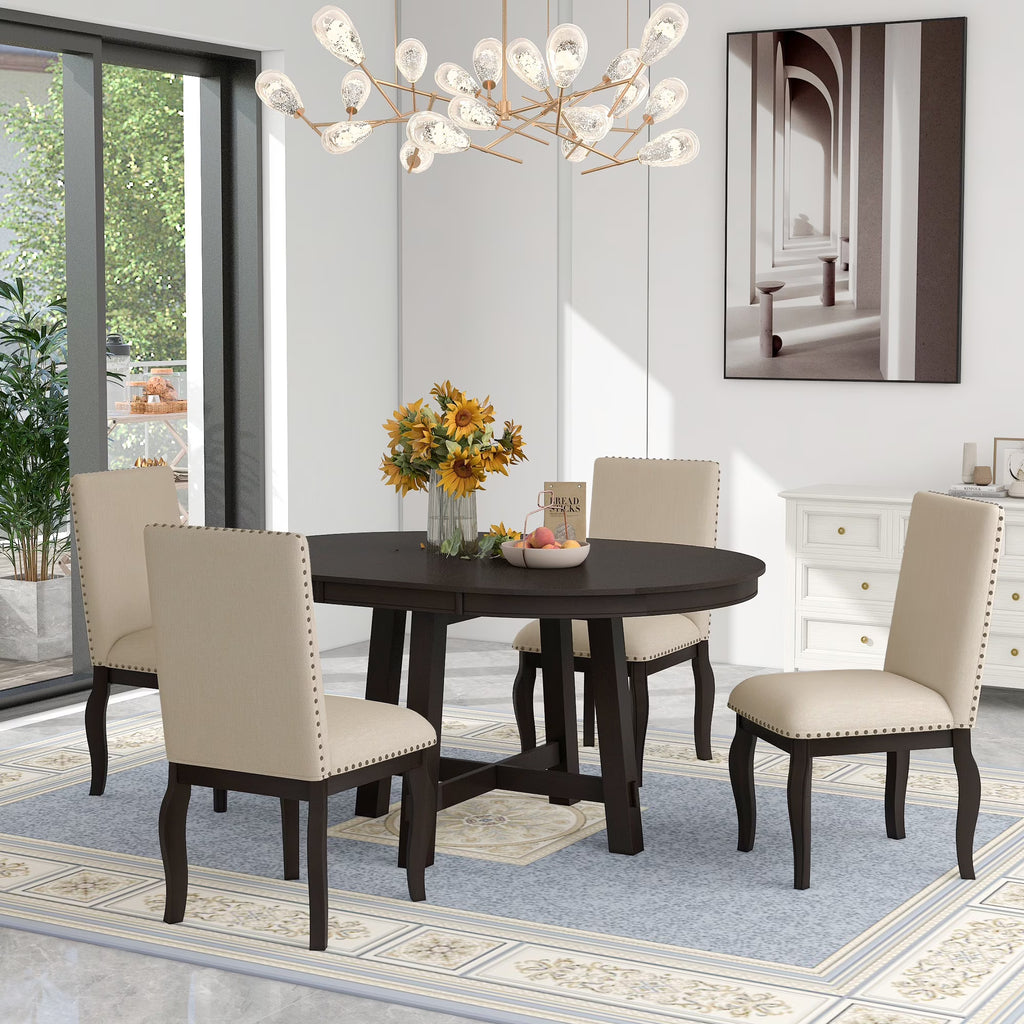 Bellemave 5-Piece Round Dining Table Set, Wood Farmhouse Extendable Dining Table and 4 Upholstered Dining Chairs, Kitchen Dining Table Set for 4 ��Antique White��