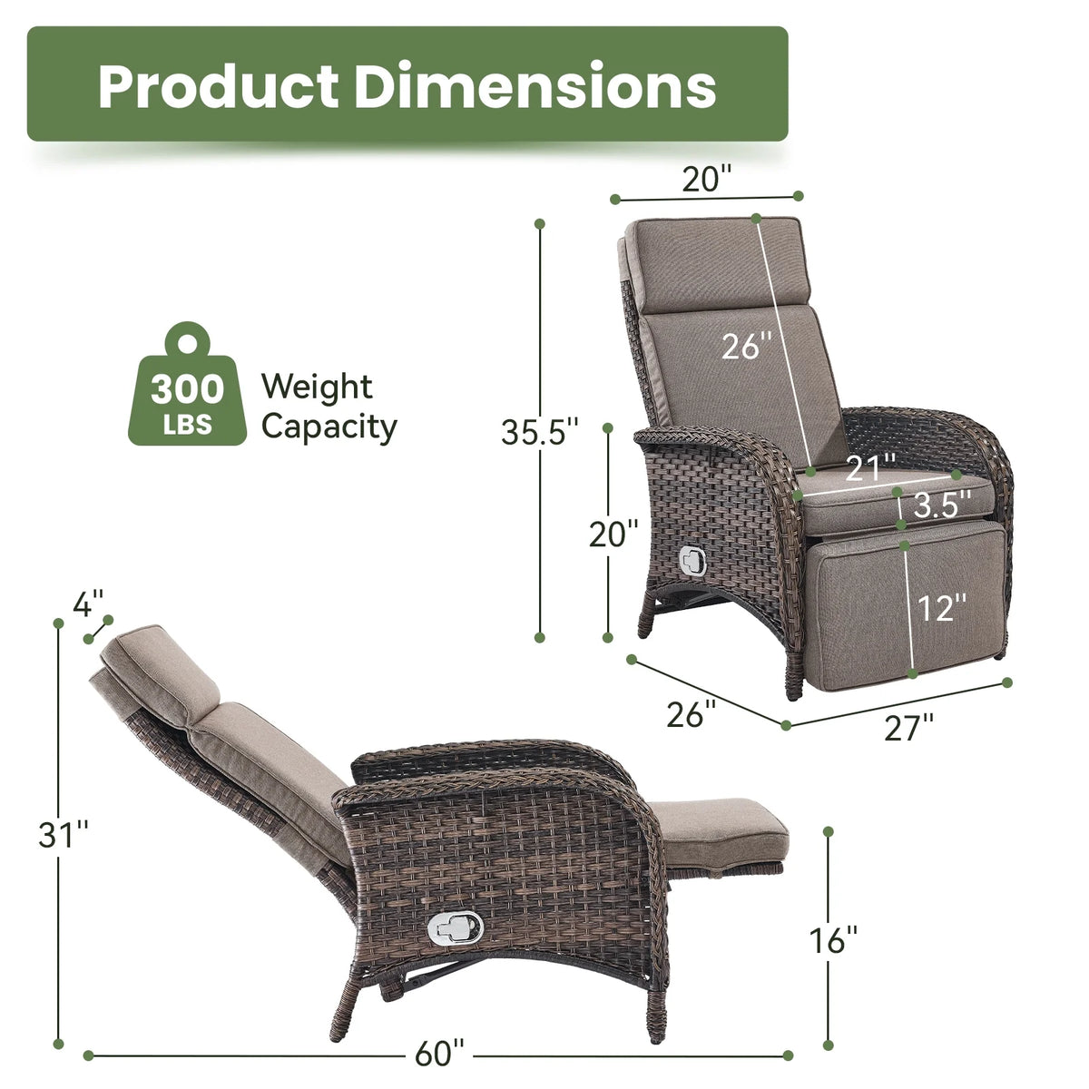 OPOHORO Outdoor Recliner Chair, Adjustable Reclining Patio Chair with Cushion, Wicker Outdoor Chaise Lounge with Adjustable Backrest and Footrest, Ideal for Pool Deck, Beige