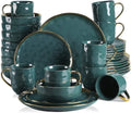 LOVECASA Dinnerware Sets, Stoneware Dinner Set for 8, 32-Piece Round Dark Green and Gold, Series Sweet