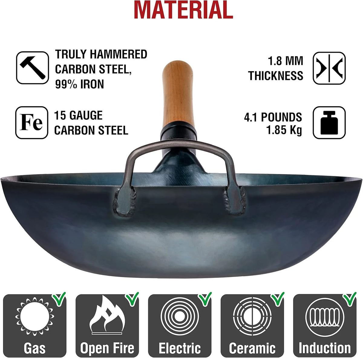 YOSUKATA 13.5" Carbon Steel Wok Pan �C Pre-Seasoned Flat Bottom Wok for Stir Fry, BBQ & Camping �C Works with Induction, Gas, Electric & Open Fire