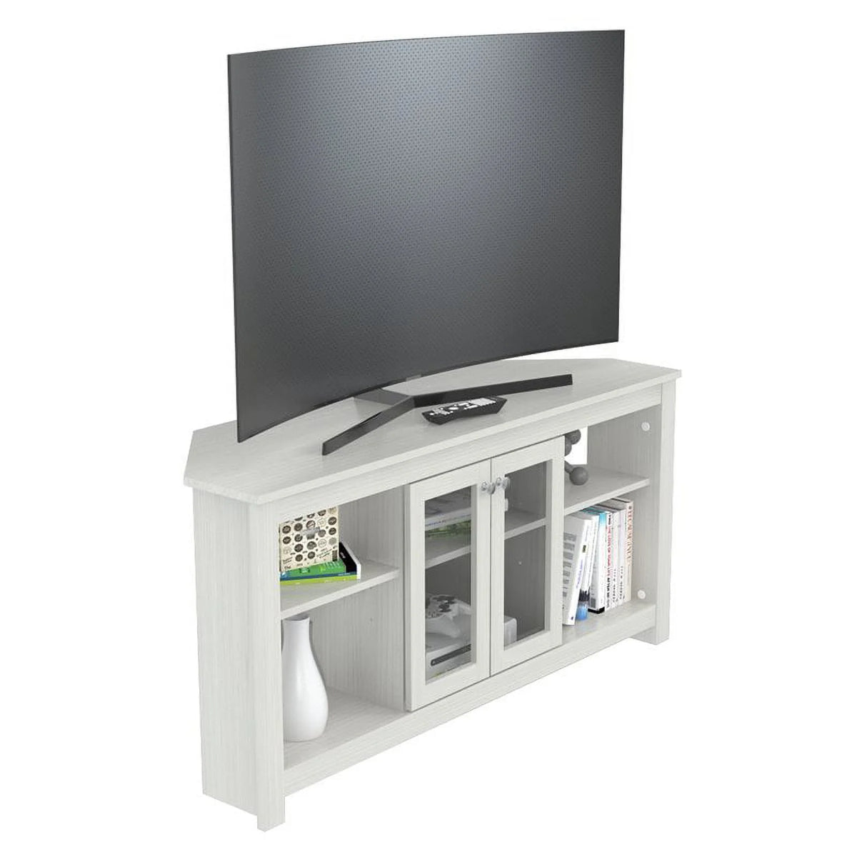Inval Corner Laminate 60�� TV Stand with Glass Doors, White