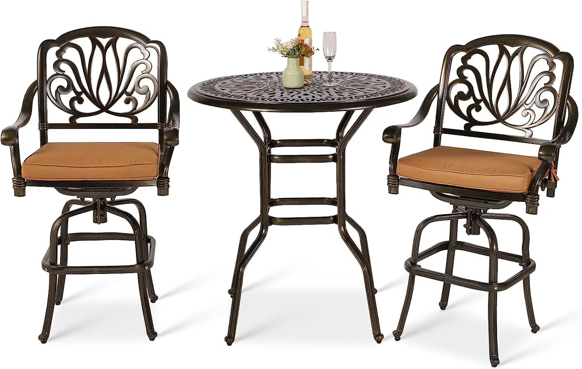 VIVIJASON 35.2" Patio Height Bar Table, All-Weather Cast Aluminum Bar Bistro Table Outdoor Patio Round Dining Table with Umbrella Hole for Balcony, Lawn, Garden, Backyard, Antique Bronze