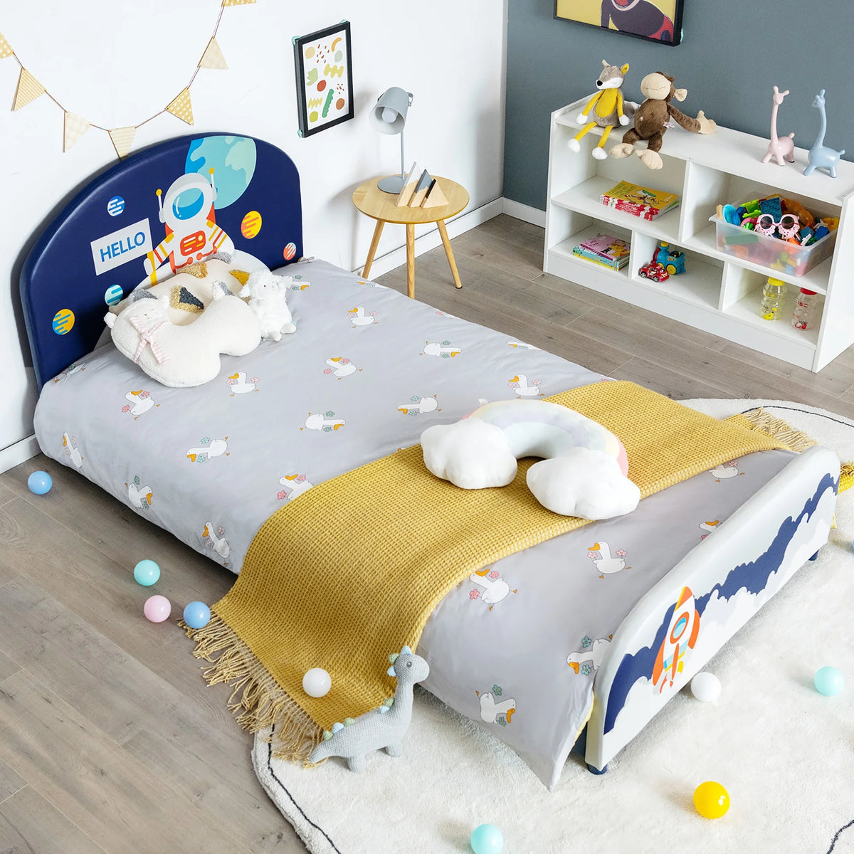 Costway Kids Upholstered Platform Bed Children Twin Size Wooden Bed Astronaut Pattern