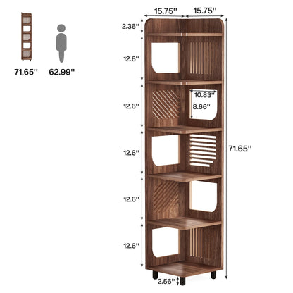 Fnova 71" 6-Tier Tall Corner Bookshelf, Rustic Wooden Narrow Corner Bookcase with Artistic Square Rack, Freestanding Display Storage Shelf for Space-Saving Home Organizing