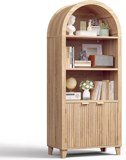 Bookshelf Arched Cabinet,5-Tier Arched Bookcase with Doors and Adjustable Shelves,Wooden Storage Cabinet with Open Display Shelf for Office,Living Room��Light Oak