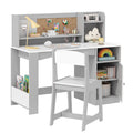 Reasea Kids Study Desk and Chair Set with Tiltable Desktop, Hutch & Storage - Wooden Writing Table for Ages 5-12, Grey