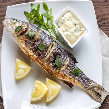 Whole Head On, Cleaned Branzino Fish (12-18 Oz. Per Fish), Min 7 Count, 10 Lbs. Total