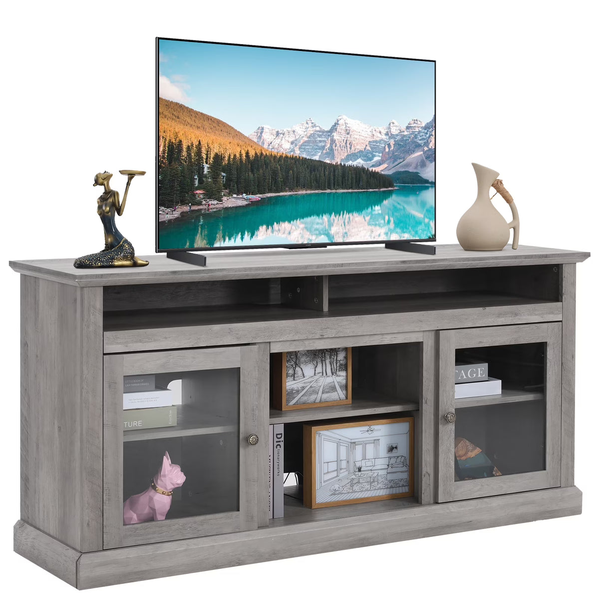 TV Stand for 65 Inch TV, Entertainment Center with Two Glass Barn Doors and Storage Cabinet Table, Farmhouse Style Media Console Table for Living Room(Coffee)