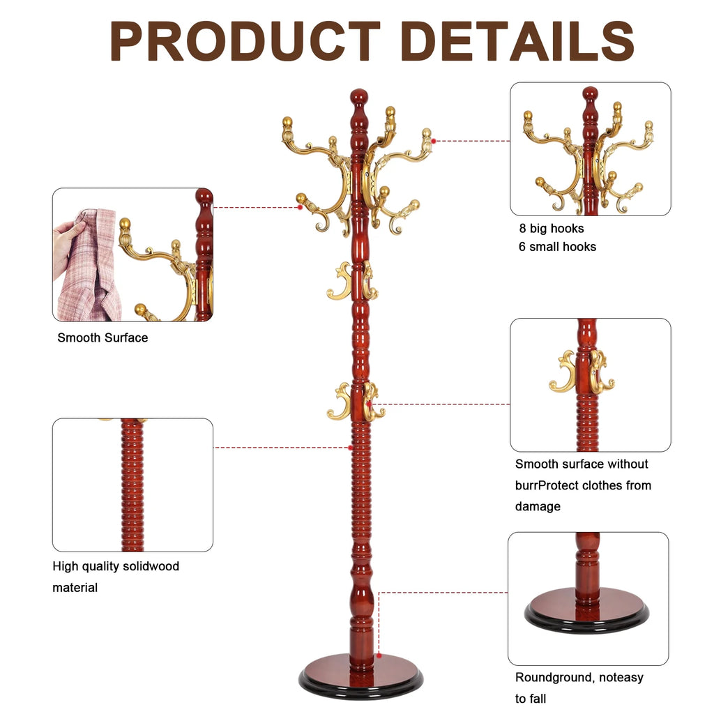 Coat Rack Freestanding, Hall Tree with 11 Hooks, Heavy Duty Wooden Coat Tree Stand, Adjustable Height, Sturdy Base for Bedroom Hallway Office - Load 270lbs