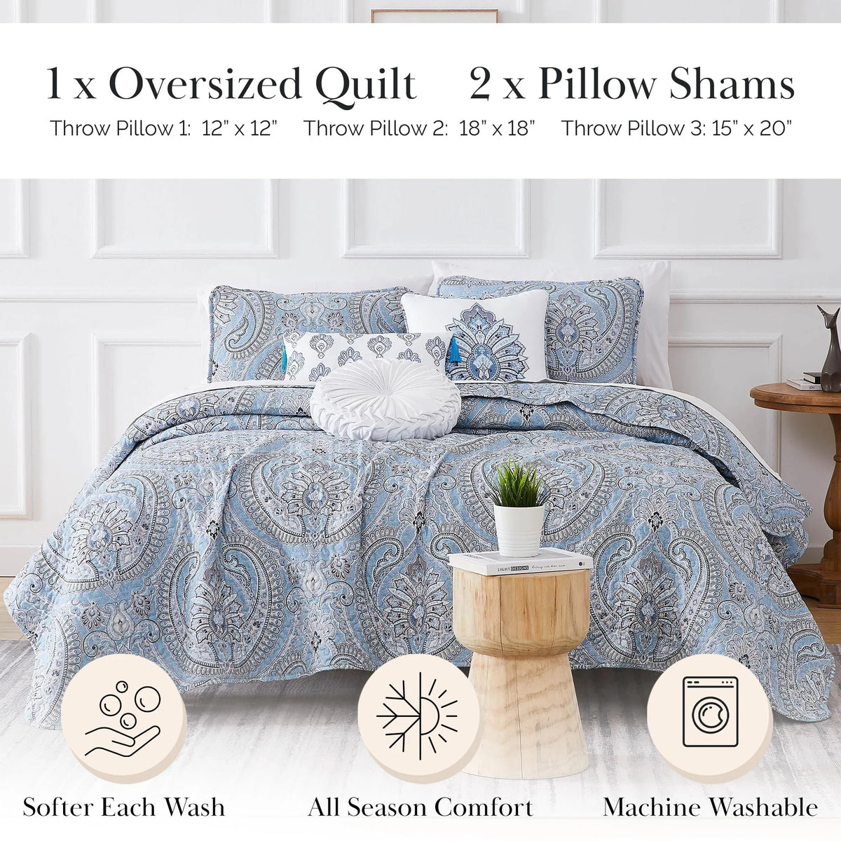 Southshore Fine LinensOversized 5-Piece Twin / Twin XL Quilt Bedding Set with two matching shams and three decorative throw pillows, oversized Paisley farmhouse bedspread Pure Melody Aqua