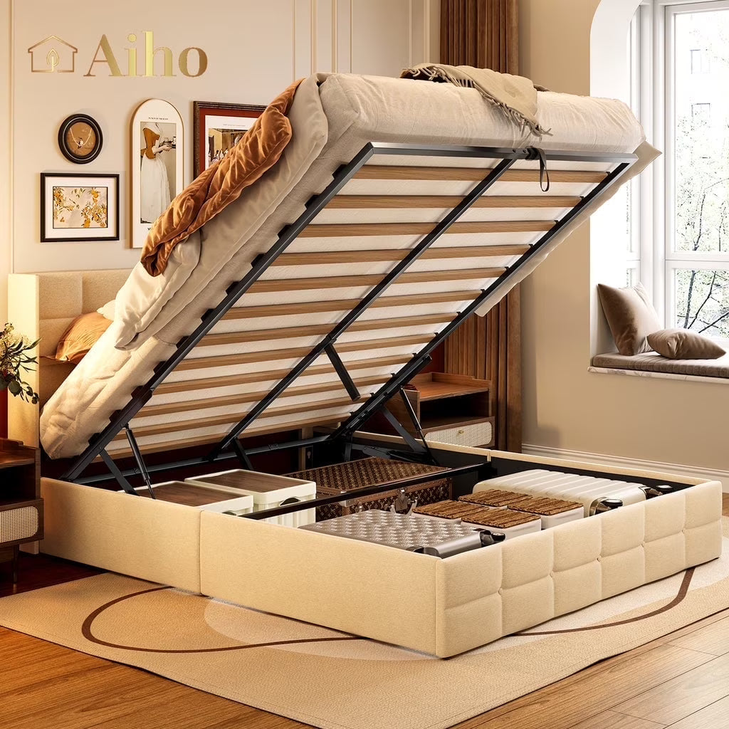 Aiho Full Lift Up Storage Bed, Full Size Bed Frame with Big Underneath Storage & Modern Wingback Headboard & No Box Spring Needed - Gray