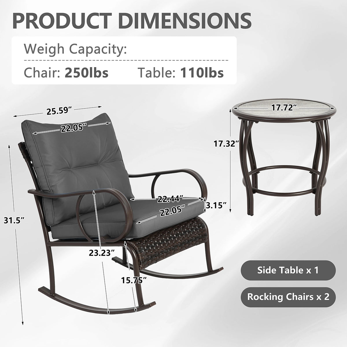 Outdoor Conversation Set of 3, Outdoor Patio Rocking Chair Set with Cushions & Coffee Table, All Weather Wicker Patio Furniture Set, Ideal for Patio, Poolside, Yard, Deck, Coffee Bar
