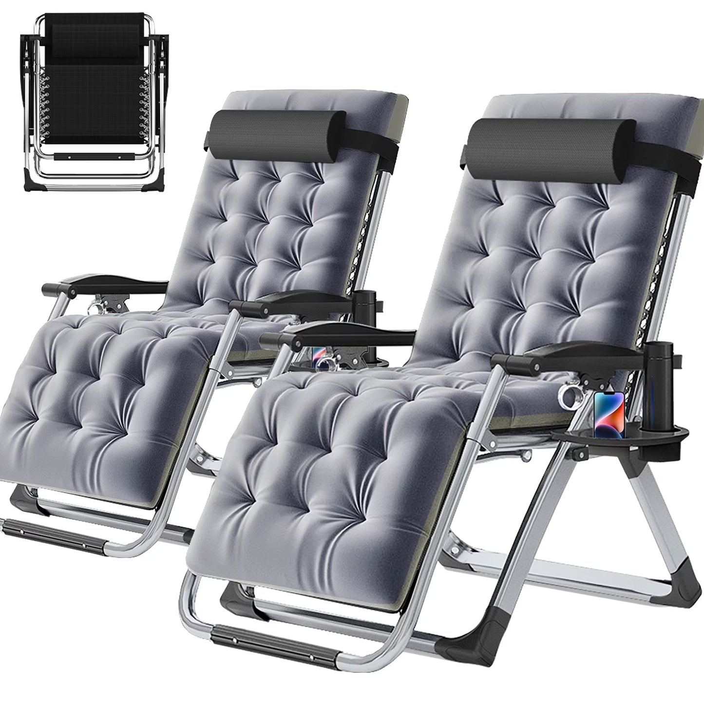 NAIZEA 2 Pack Zero Gravity Chair, Foldable Portable Lawn Recliner with Cushion, Headrest, Cup Holder, Black