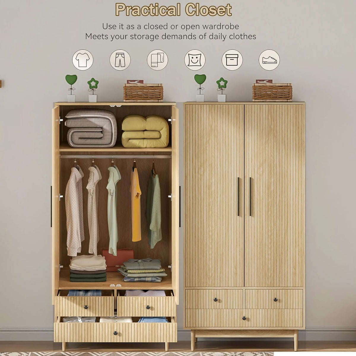 Oubayajia Wardrobe Armoire Closet, 2 Fluted Doors Wardrobe Cabinet with 3-Drawer and Hanging Rod, Wood Wardrobe Storage for Bedroom