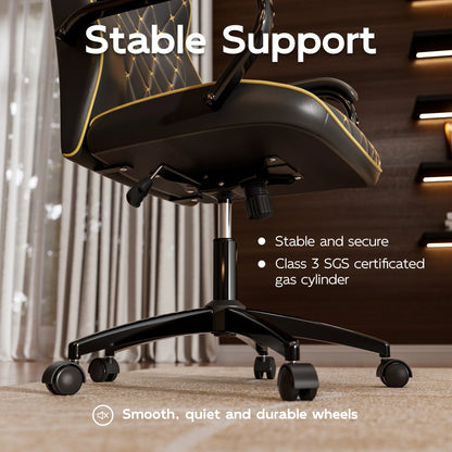 Ninecer White and Gold Office Chair with Soft Leather Embroidery, Mid Back Vintage Swivel Executive Desk Chair with Wheels and Padded Arms, Adjustable Height