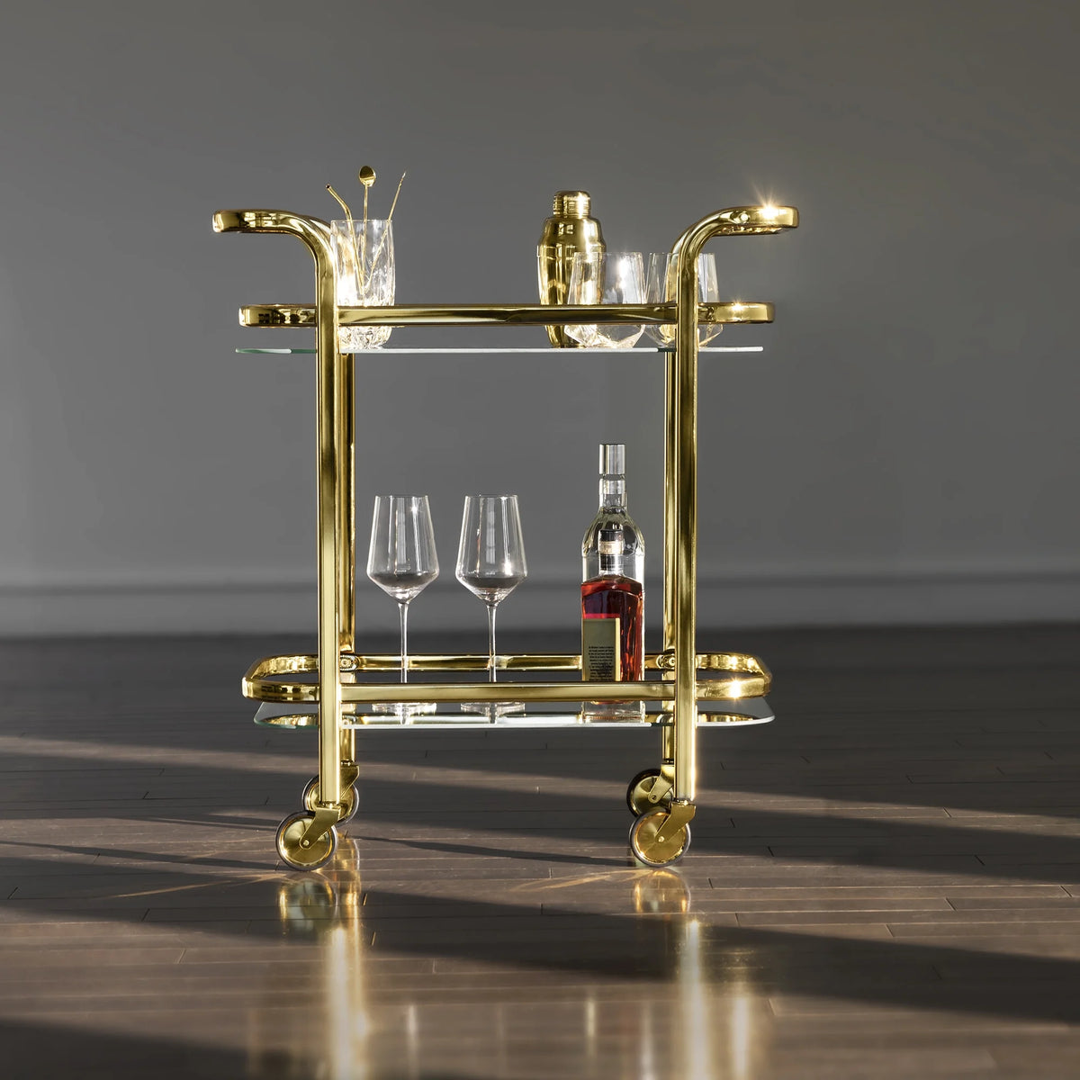 Viski Stainless Steel Bar Cart with Wheels, Mirror Shelves, Home Bar, Gold