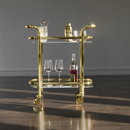 Viski Stainless Steel Bar Cart with Wheels, Mirror Shelves, Home Bar, Gold