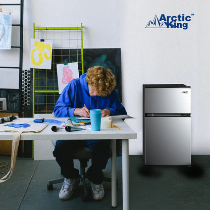 Arctic King 3.2 Cu ft Two Door Mini Fridge with Freezer, Stainless Steel, E-Star