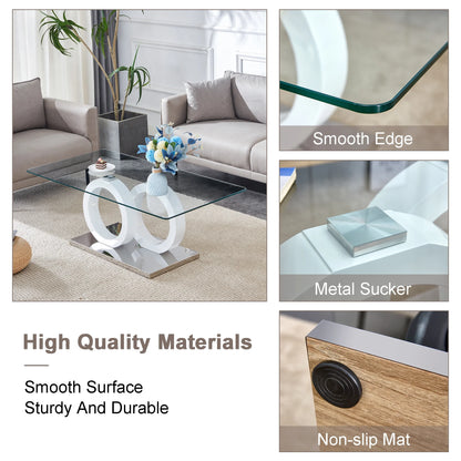 Sudica Rectangle Glass Coffee Table, Modern 47"x25" Tempered Glass Top Tea Table for Living Room, White Base