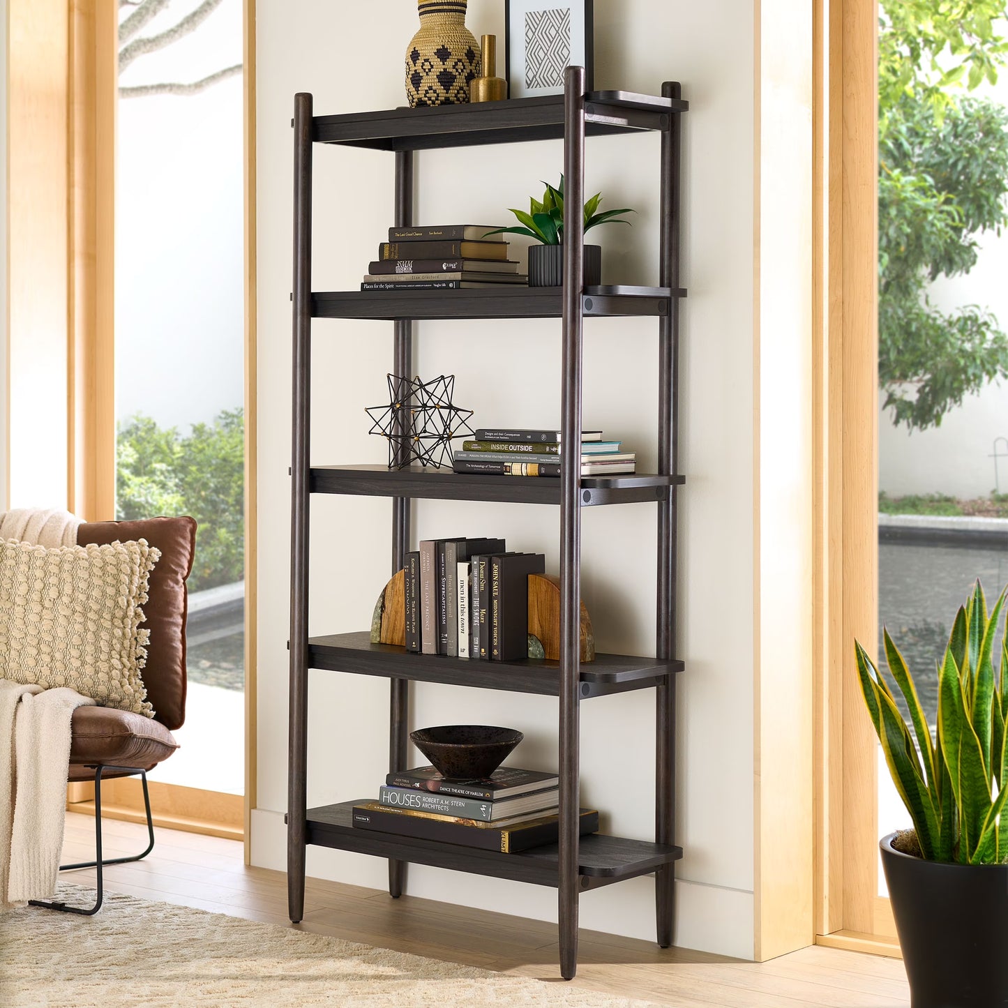Better Homes & Gardens Springwood 5 Shelf Bookcase with Solid Wood Frame, Light Honey Finish