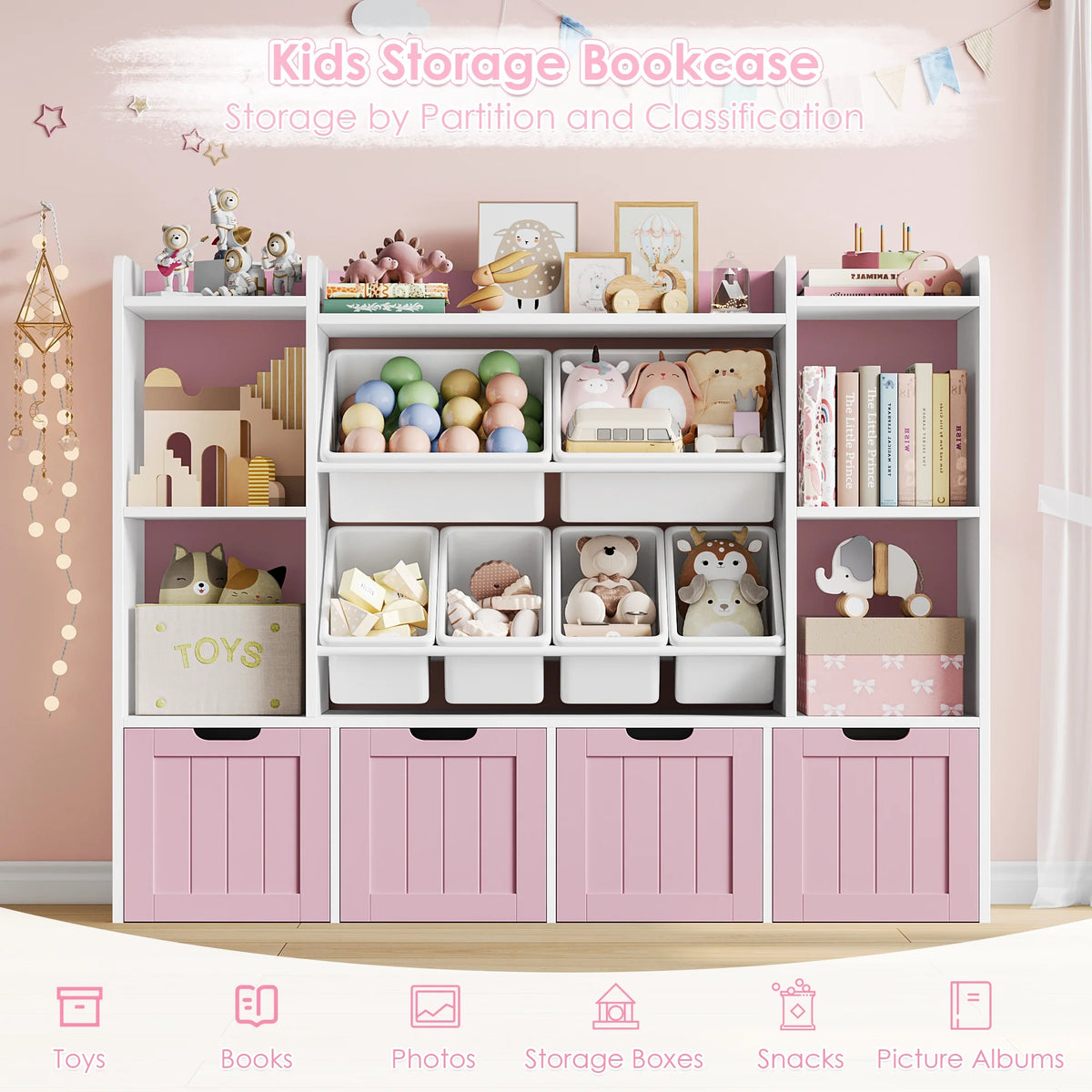 Hiphuta 3 Tier Kids Bookcase with Toy Storage Organizer, Wood Toy Organizer of 6 Boxes & 4 Removable Drawers, White