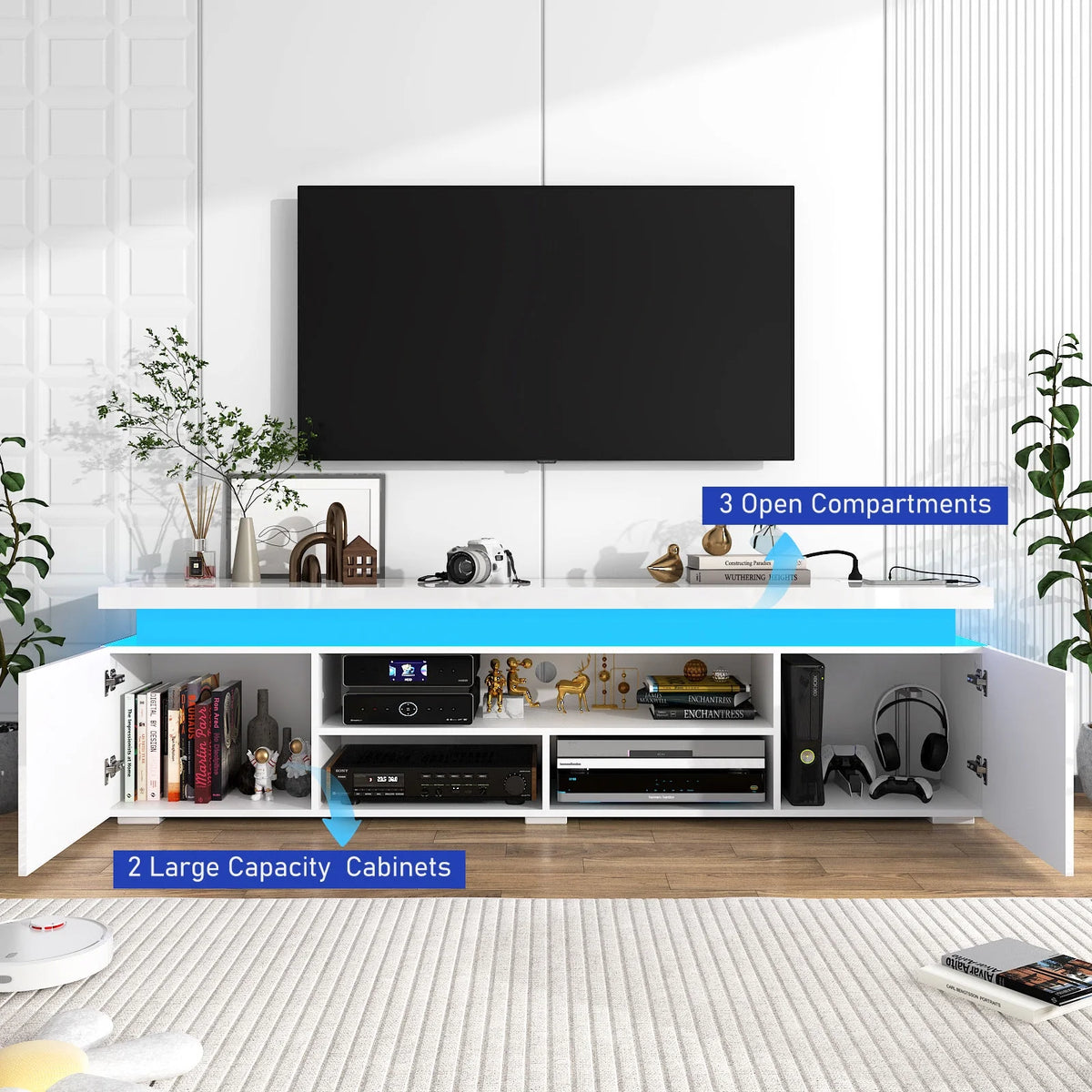 LED TV Stand for up to 85" TVs with Power Outlet, 75" Large Entertainment Center Console Table Gaming Soundbar Shelf with 2 Storage Cabinets