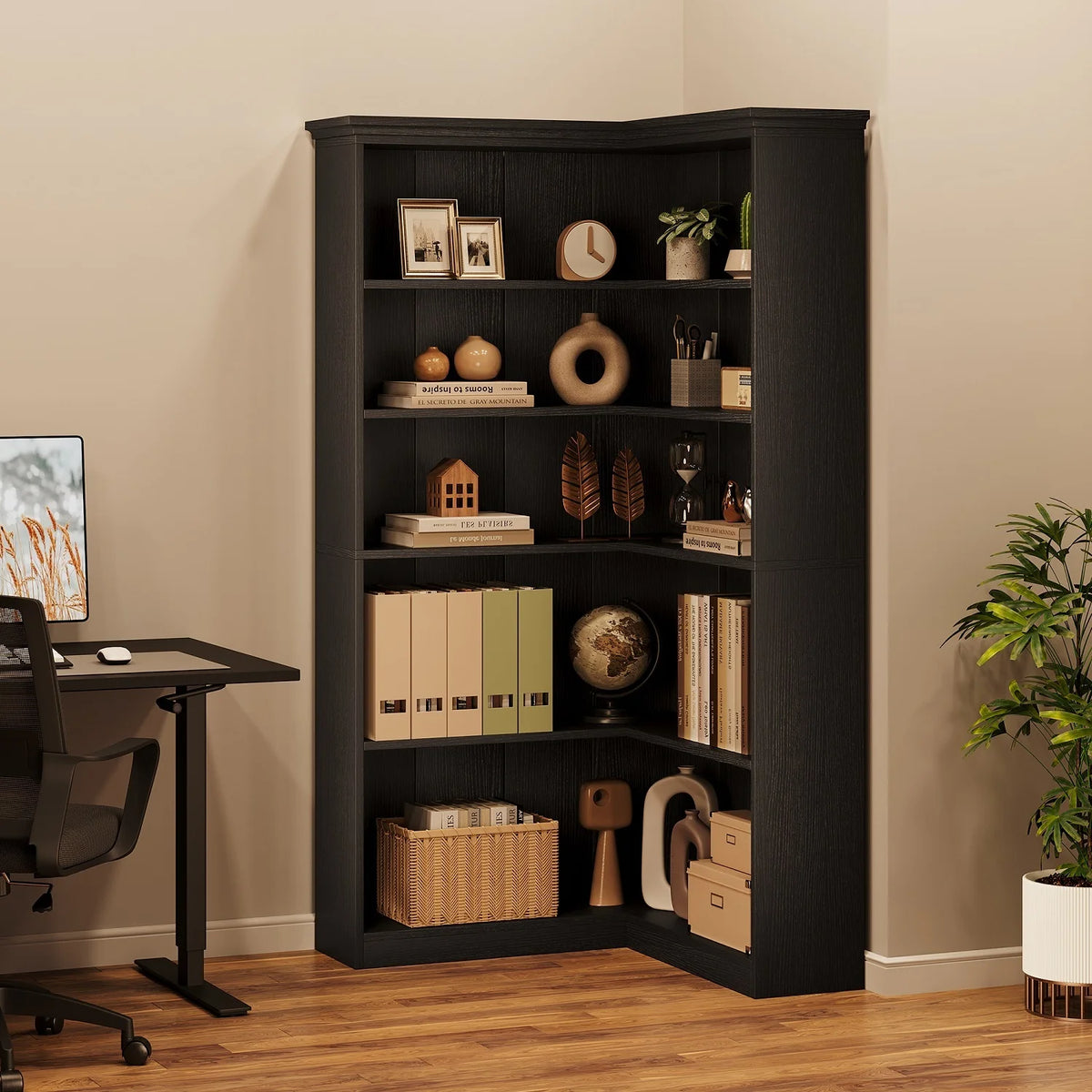 EuKer 5 Tier Corner Bookcase, L-Shaped Bookshelf with Large Storage Capacity for Living Room, Bedroom, Office (Half Panel, Retro Brown)