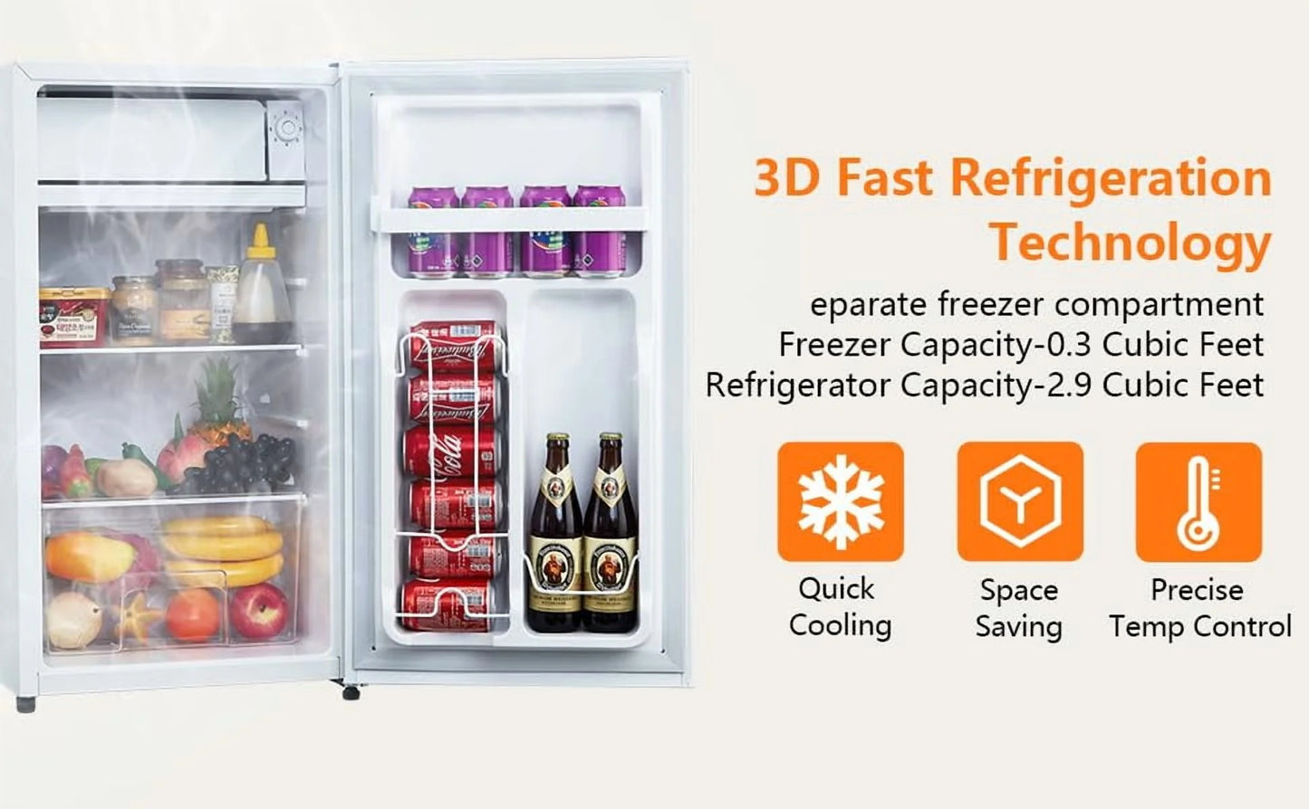 Towallmark 3.2 Cu Ft Mini Fridge, Compact Refrigerator, Portable Freezer with 2 Glass Shelves Silent Operation for Bedroom Office Dorm, White