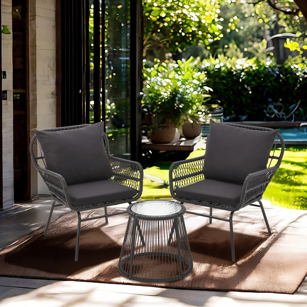 Bezseller 3-Piece Outdoor Wicker Furniture Set, Patio Conversation Set, Gray