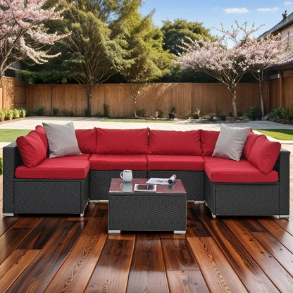 7 Pieces Outdoor Patio Furniture Set, Outdoor Sectional Rattan Sofa, PE Manual Weaving Wicker Patio Conversation Set with Cushion, Glass Table, Pillow, Dark Gray