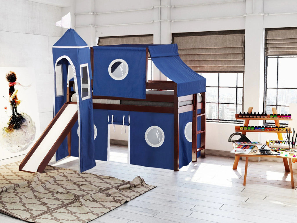 JACKPOT! Castle Low Loft Bed with Slide, Red Yellow and Blue Tent and Tower, Twin, Cherry