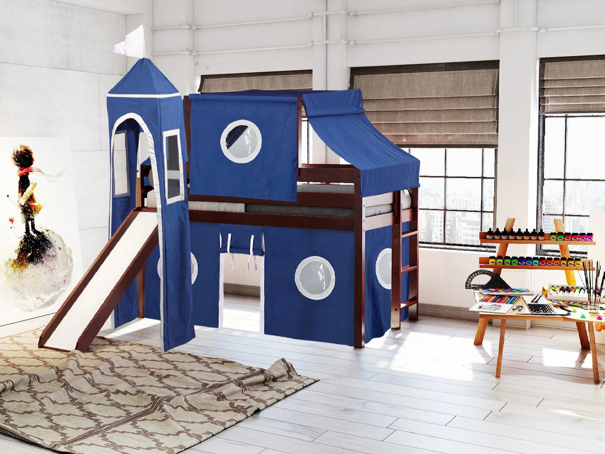JACKPOT! Castle Low Loft Bed with Slide, Red Yellow and Blue Tent and Tower, Twin, Cherry