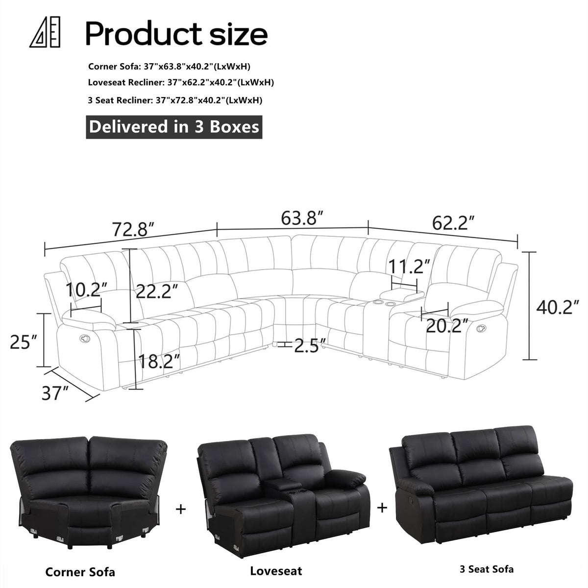 Aukfa 3-Piece Recliner Sofa Set, 6 Seat Sectional Couch with Cup Holders&Storage Console, Gray