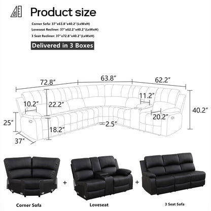 Aukfa 3-Piece Recliner Sofa Set, 6 Seat Sectional Couch with Cup Holders&Storage Console, Gray