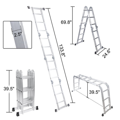 BETISEF 12.5ft 7 in 1 Multi-Purpose Ladder, Folding Aluminium Extension Ladder w/Anti-Slip Feet, EN 131 Standard 330LB Capacity