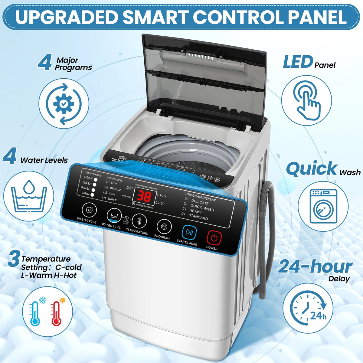Veeboto 20lbs Fully Automatic Washing Machine, Washer Machine with 10 Wash Programs/8 Water Levels, Portable Washing Machine with LED Display & 1 Adjustable feet, White