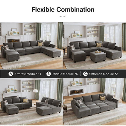 HONBAY Modular Sectional Sofa with Ottoman Oversized U Shaped Couch with Reversible Chaise Velvet Sleeper Modular Sofa Convertible Sectional Couch for Living Room, Grey