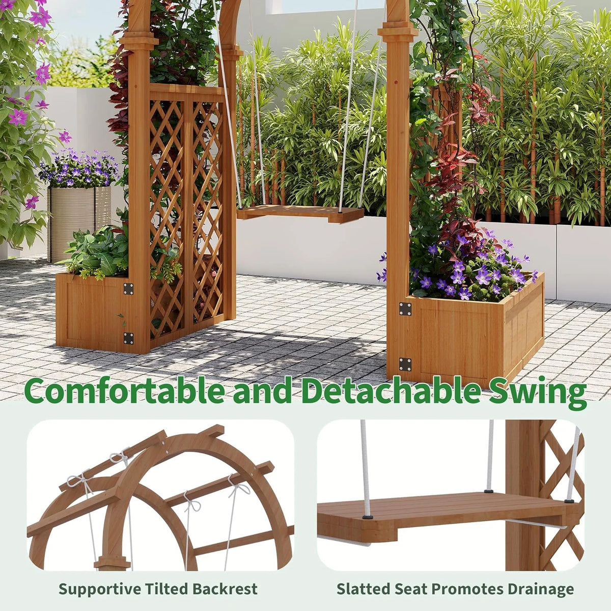 Wooden Garden Arbor with Planter&Swing,Outdoor Arbor Trellis for Climbing Plants, Roses, Vines, Outside Pergola Planter, Garden Arch for Lawn Backyard Wedding Ceremony Bridal Party