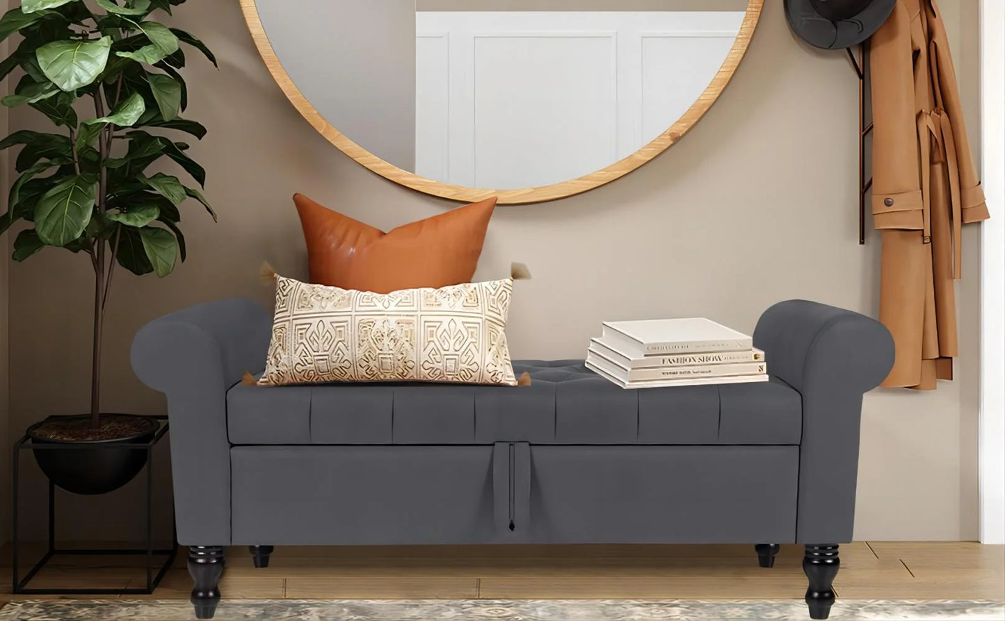 Storage Bench with Upholstered Rolled Arm Ottoman Bench Couch w/ Solid Wood Legs for Bedroom End of Bed,and Living room,Gray