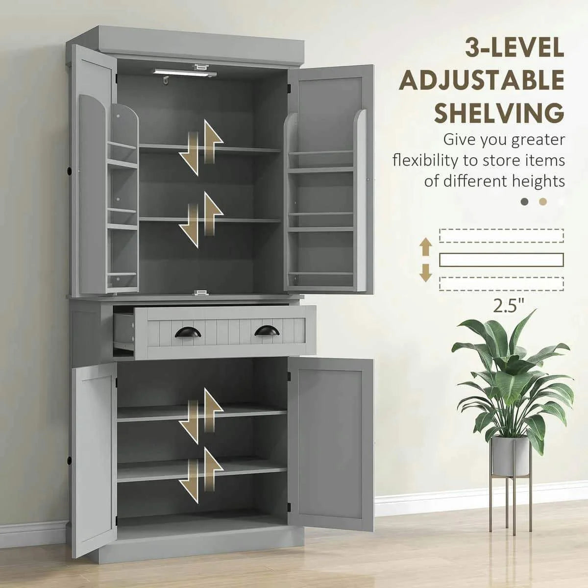 Spaco 17-Tier Kitchen Small Pantry Cabinet with 2 Doors and 6 Adjustable Shelves, Cabinet Pantry, Freestanding 5-Tier Shelving Pantries for Kitchen Storage, Gray