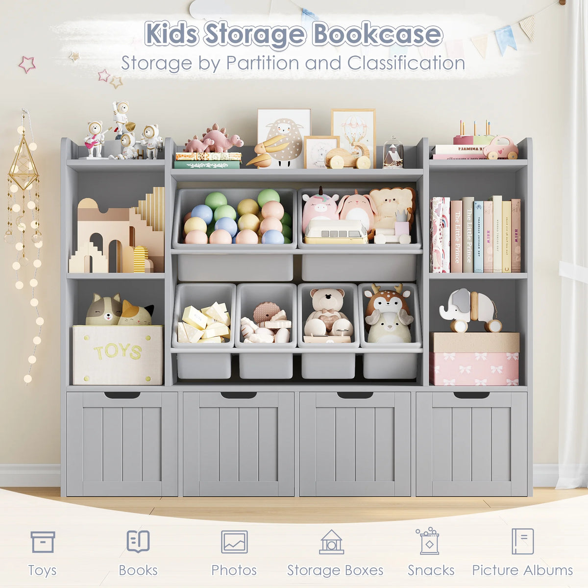 Hiphuta 3 Tier Kids Bookcase with Toy Storage Organizer, Wood Toy Organizer of 6 Boxes & 4 Removable Drawers, White