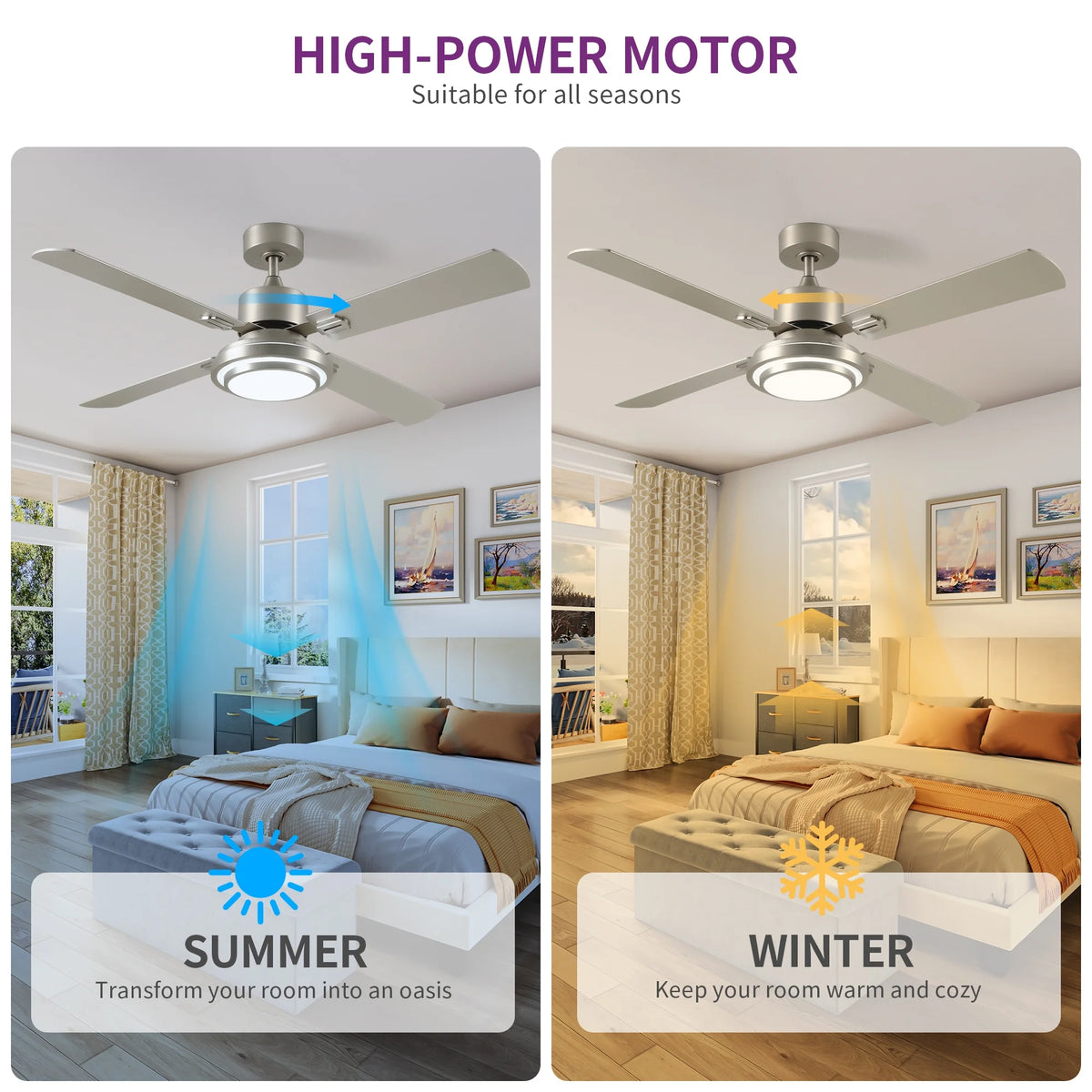 Dextrus 52'' Ceiling Fan with Light and Remote Control, 6 Speeds, 5 Timer Settings, and Dual-Finish Blades (Nickel)