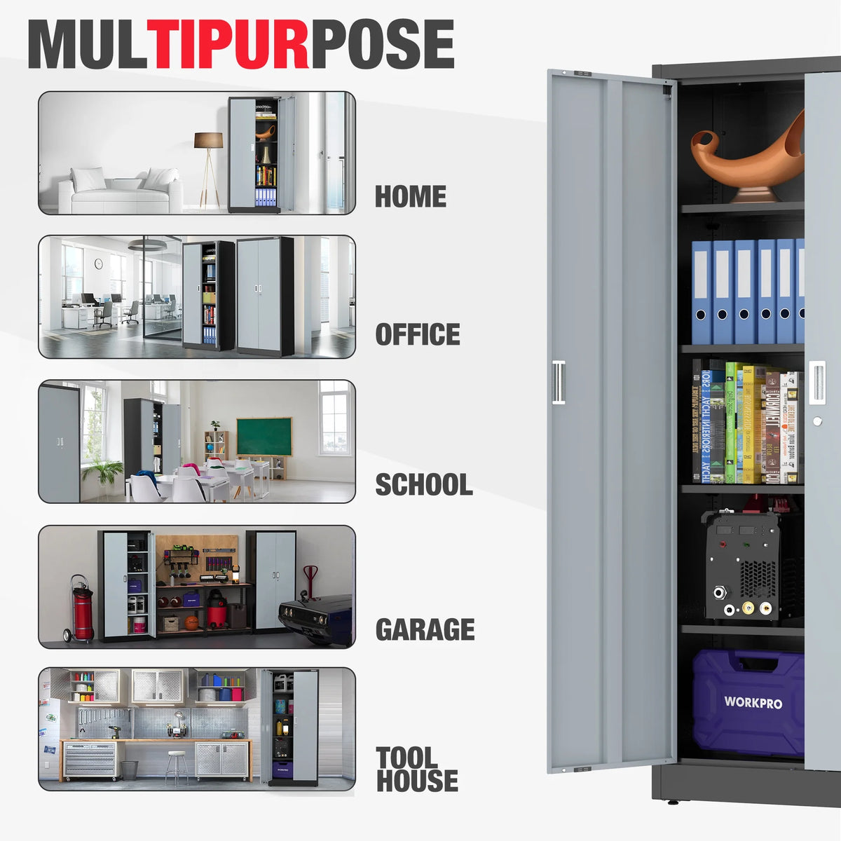WORKPRO Metal Garage Storage Cabinet with Locking Doors and Adjustable Shelves,71 inches Tall Storage Cabinet for Tools, Office, Home, Shops (Black), Solid Packed