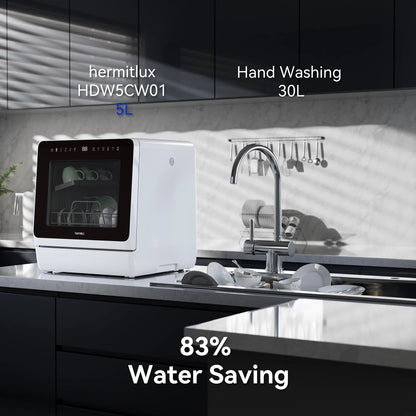 Hermitlux Portable Countertop Dishwasher, 5 Washing Programs, 5L Built-in Water Tank and Air-Dry Function, HMX-DW03